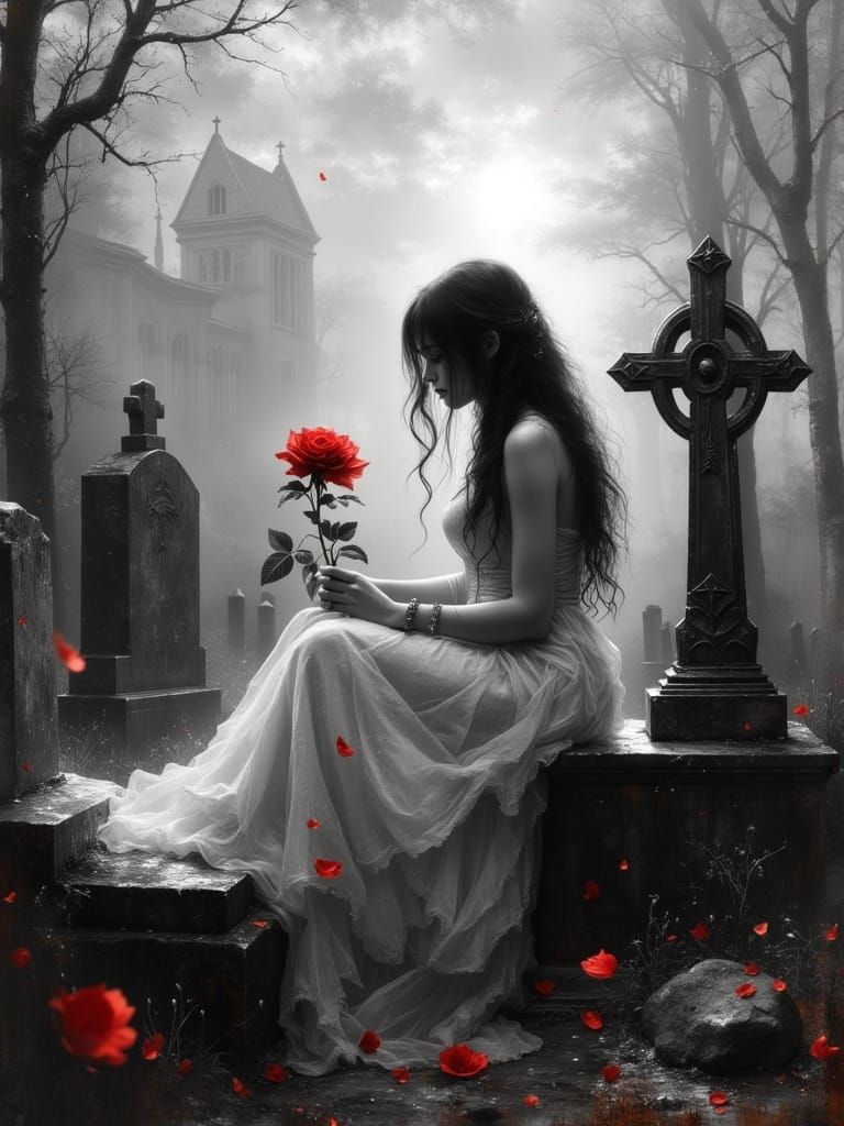 Monochrome Graveyard Scene with Woman and Red Rose