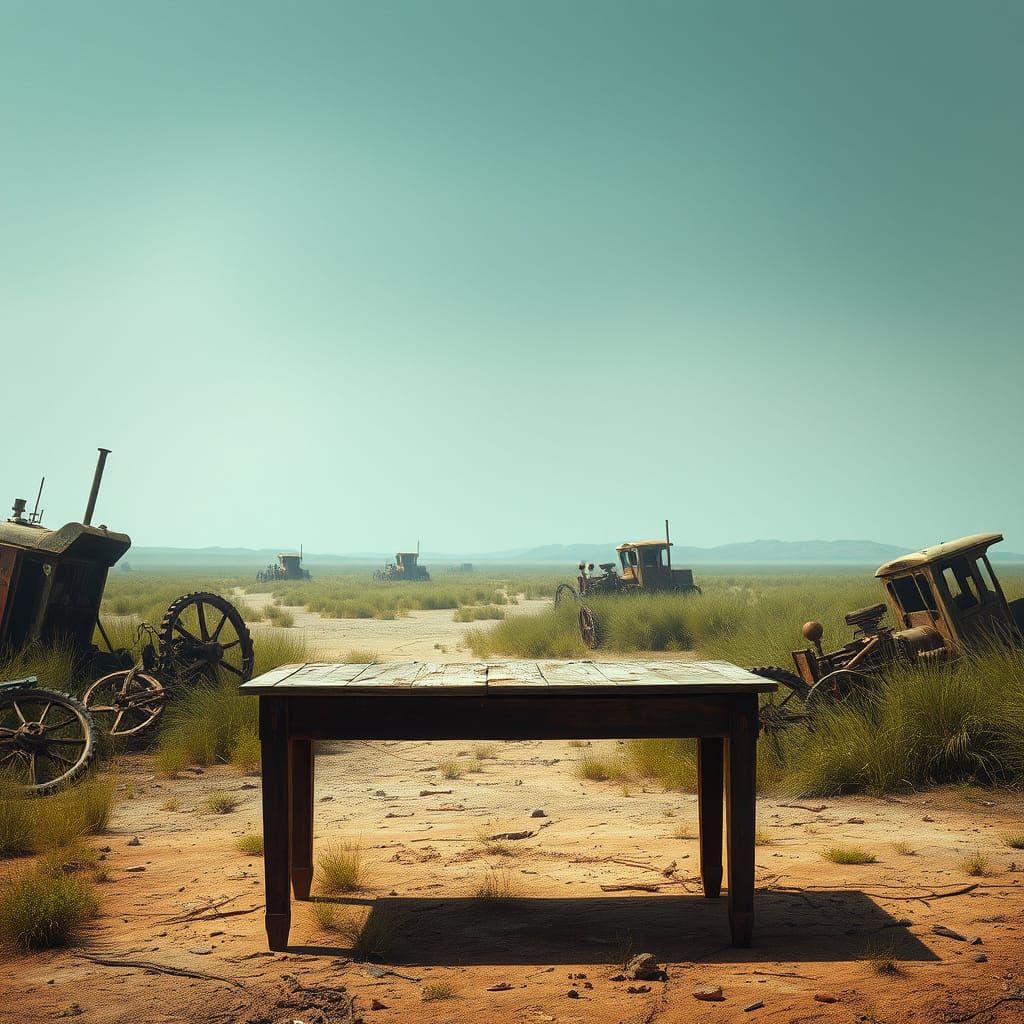 Abandoned Table in Post-Apocalyptic Wasteland