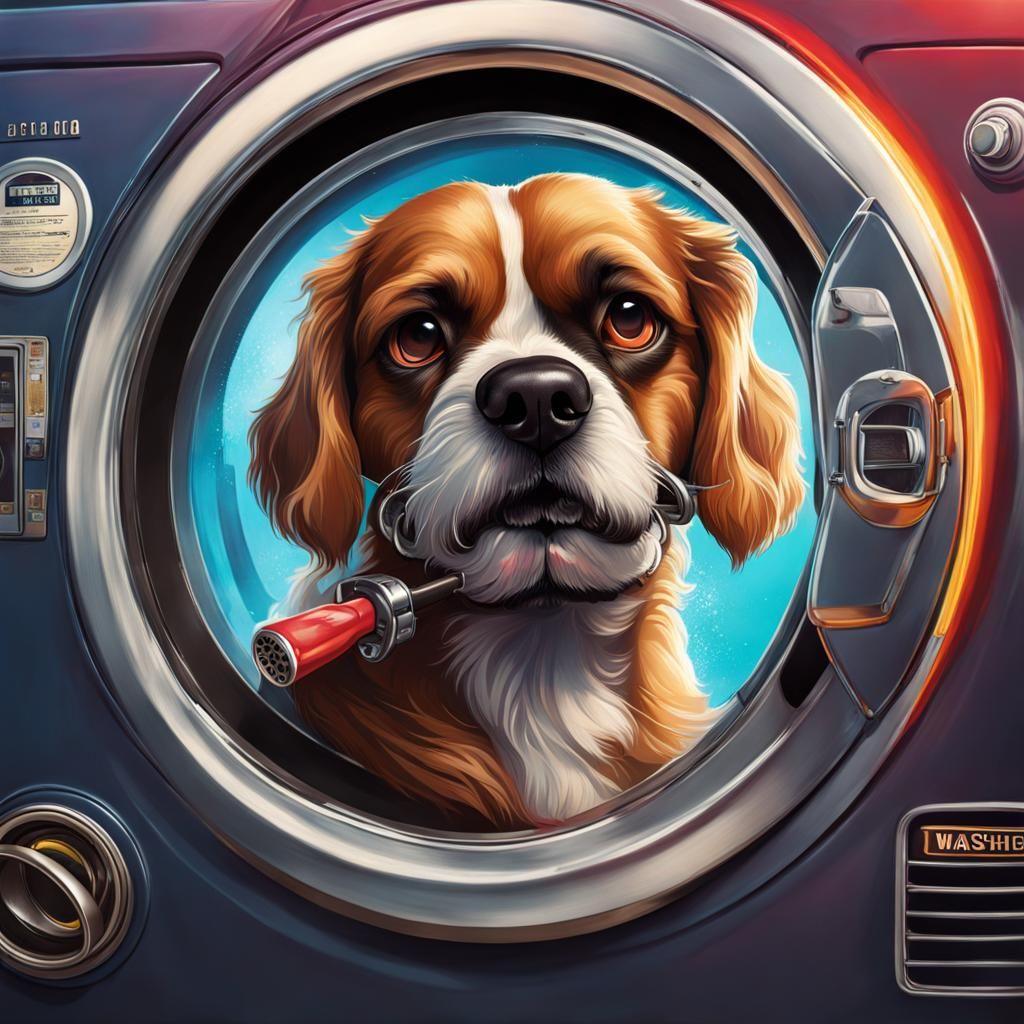 Hyperrealistic Dog with Gun in Washing Machine