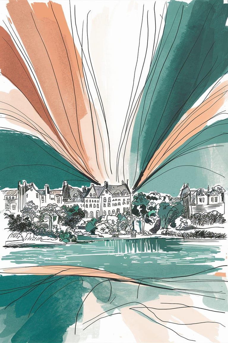 Dijon Urban Lake Landscape in Ink and Wash