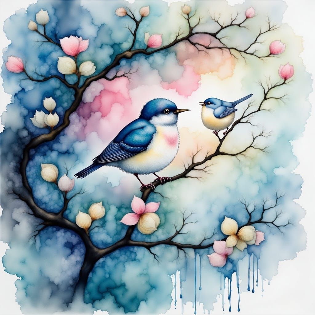 Swallow Poem Illustration in Liquid Ink Watercolor
