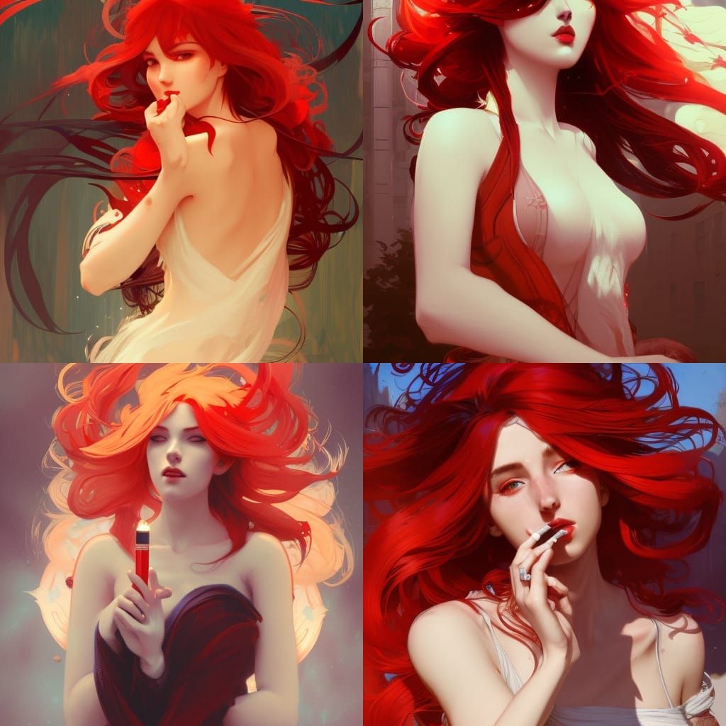 Red and White Haired Girl Smoking: Digital Art