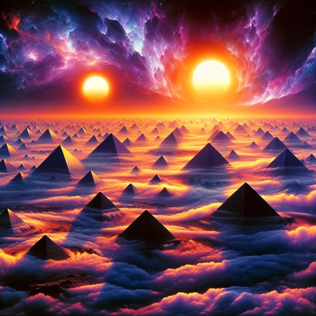 Surreal Alien Landscape with Pyramids in Cosmic Light