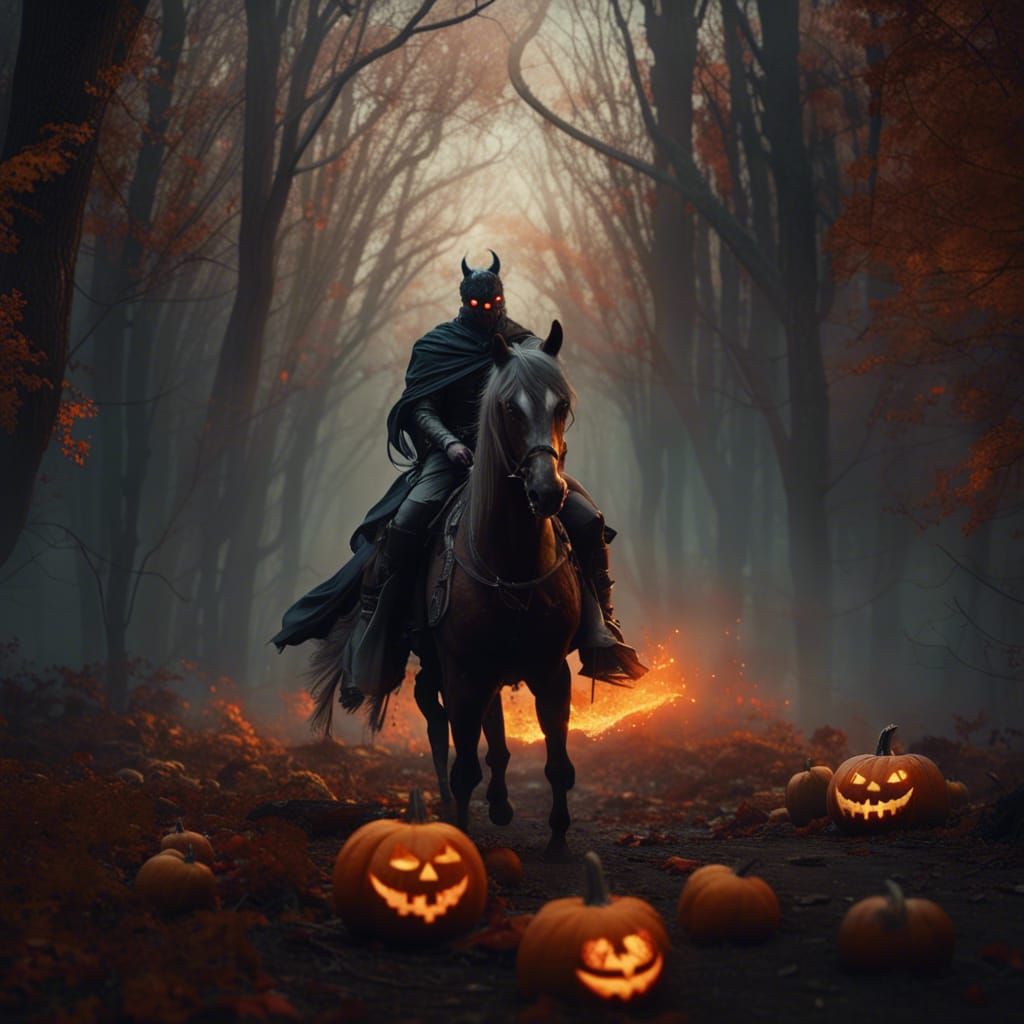 Headless Horseman with Pumpkin Head, Fantasy Art