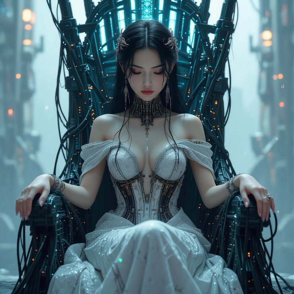 Digital Goddess Weeping in Biopunk Art Nouveau Style