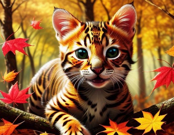 Cute Ocelot Kitten in Autumn Forest