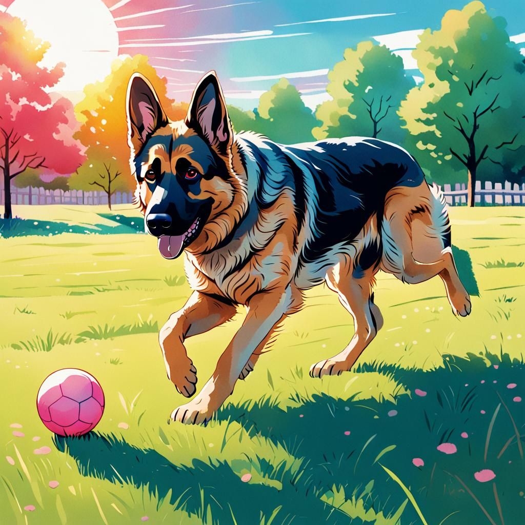 German Shepherd Plays Ball: Vibrant Anime Style