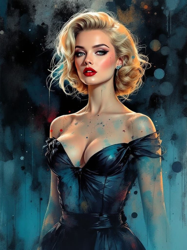 Pin-Up Woman in Blue Dusk with Gleaming Dress