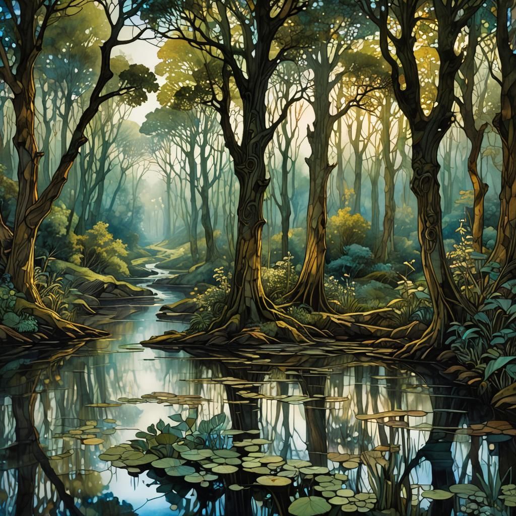 Medieval Fantasy Woods Reflected in Water