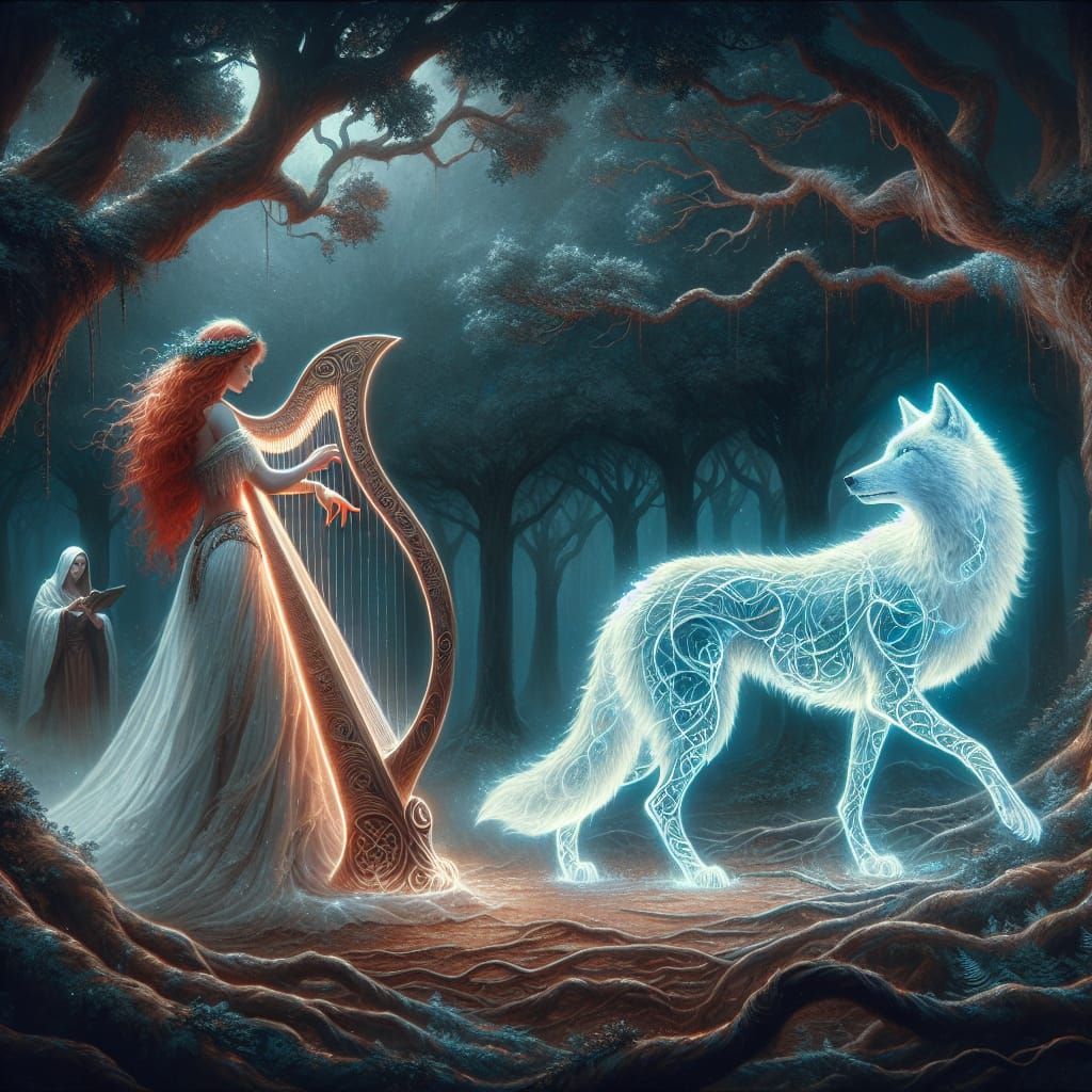 Celtic Harpist and White Wolf in Fantasy Forest