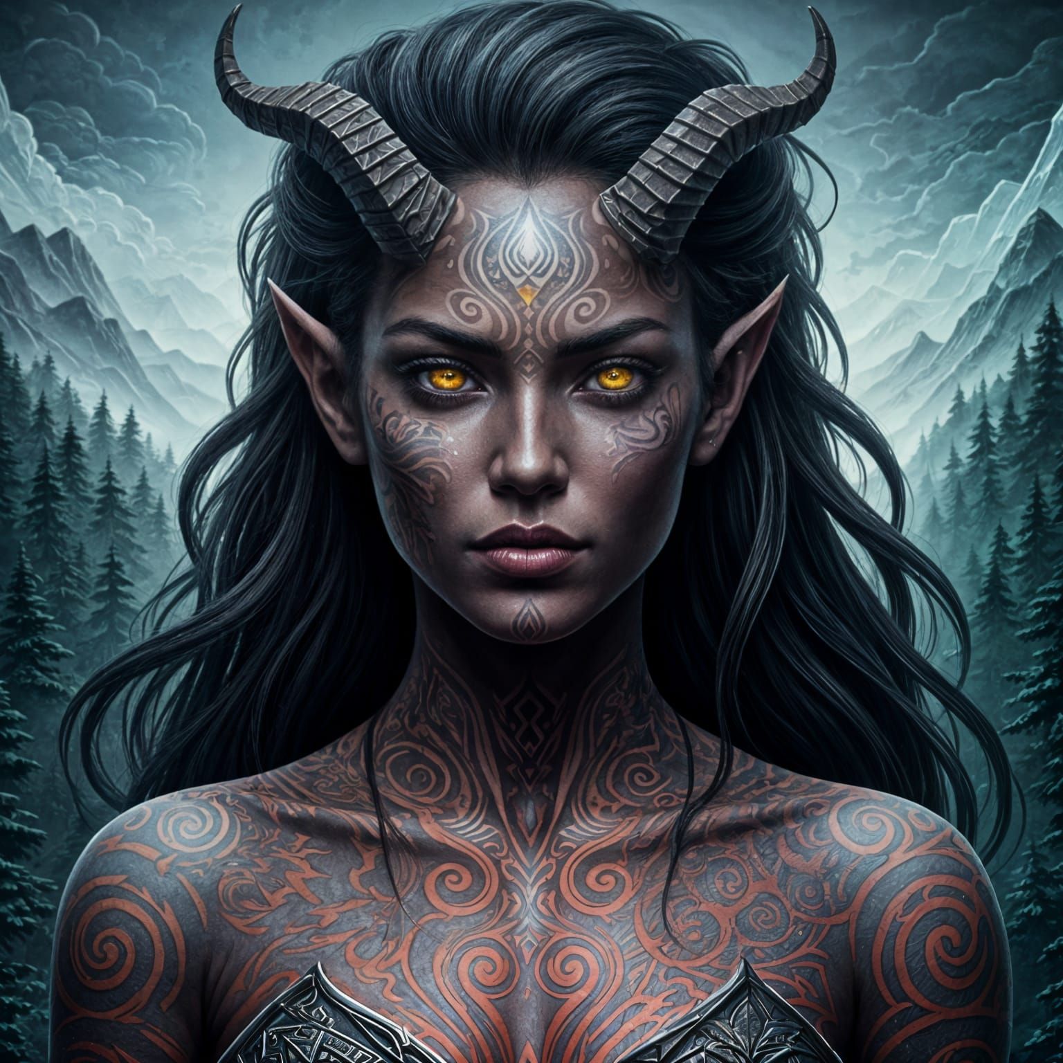 Epic Female Demon Ranger Portrait in Origami Paper Style