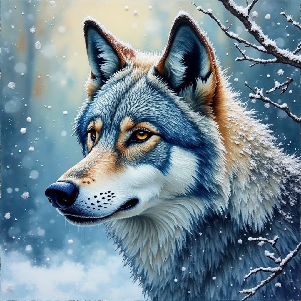 Winter Wolf: Expressionist Hot Wax and Ink Painting