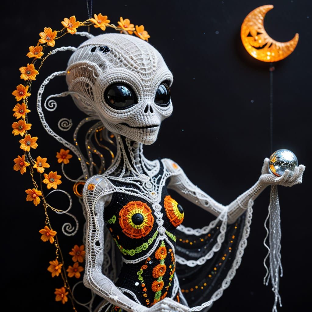 Cute Halloween Alien in Cosmic Forest, Klimt Crochet Style