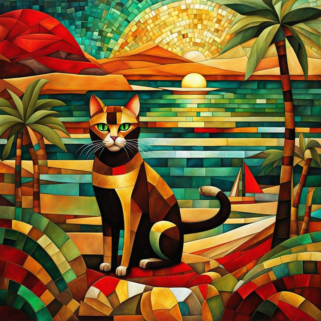 Luxury Beach Cats in Digital Cubism Style
