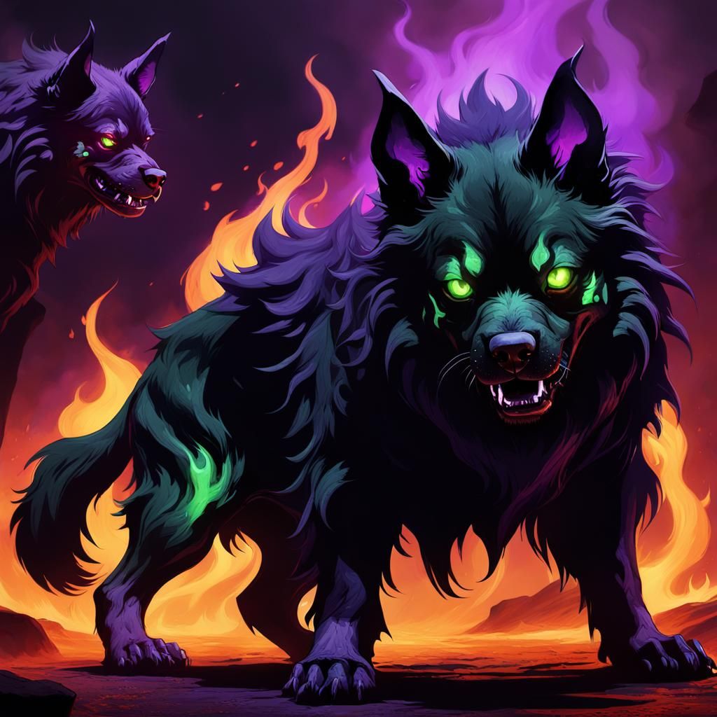 Two-Headed Cerberus Concept Art in Dark Fantasy Style
