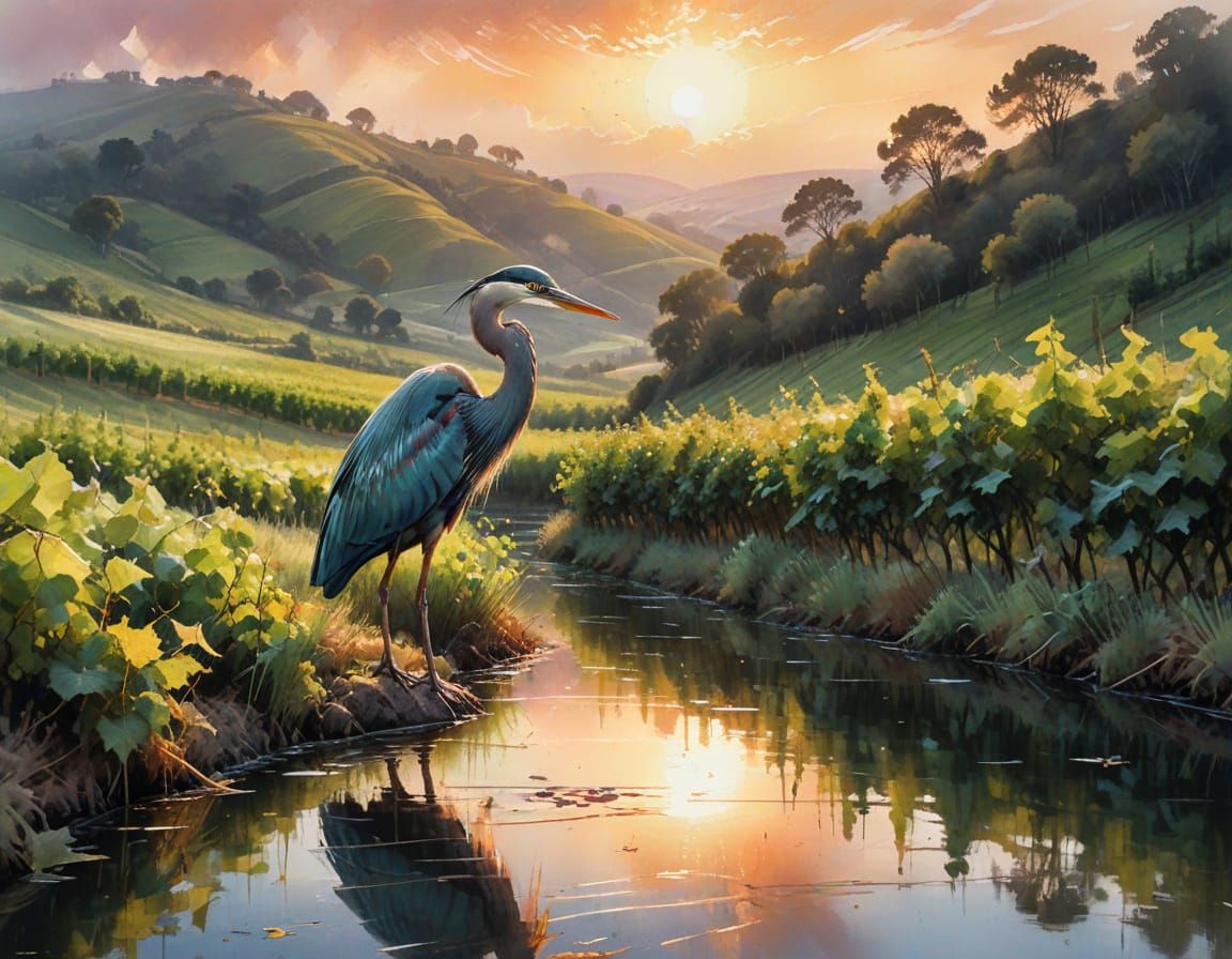 Vineyard Sunset: Heron in Watercolor Dreamscape
