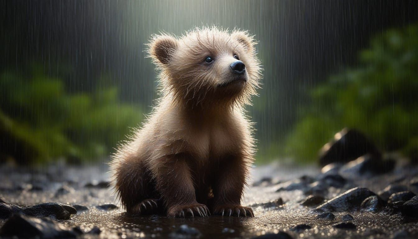 Cute Newborn Grizzly Bear Cub in Rainforest Rain
