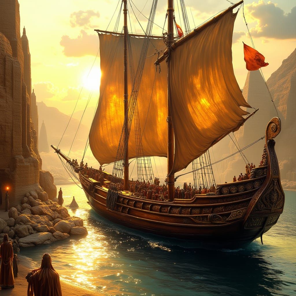 Ancient Mesopotamian Ship in Bustling Port