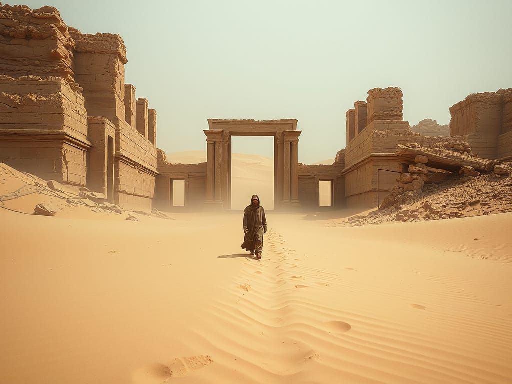 Mysterious Figure in Desert Ruins