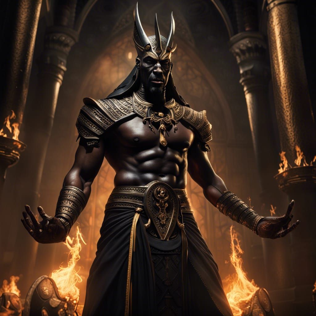 Intimidating Black Cleric with Anubis Inspiration