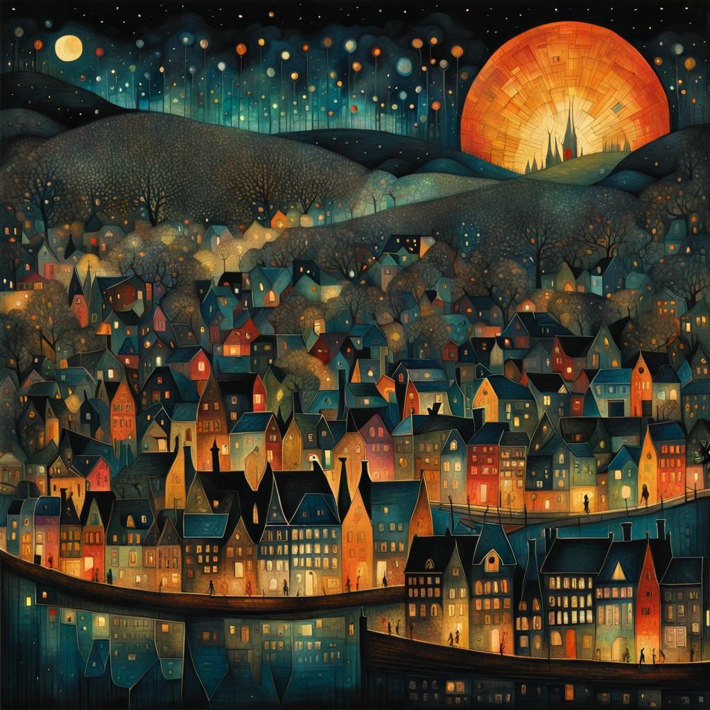 Night Cityscape in Maximalist Collage Style