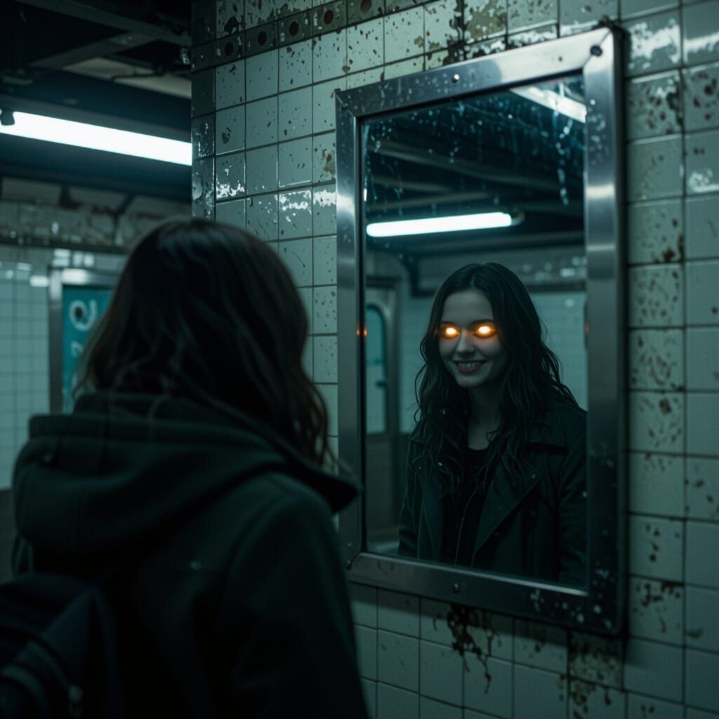 Eerie Subway Reflection with Glowing Eyes
