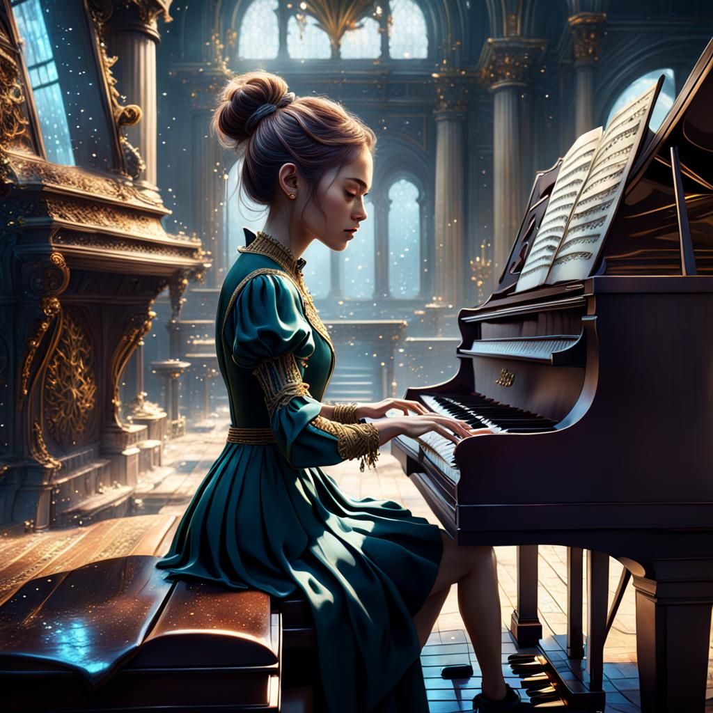 Girl Playing Piano in Detailed Fantasy Art