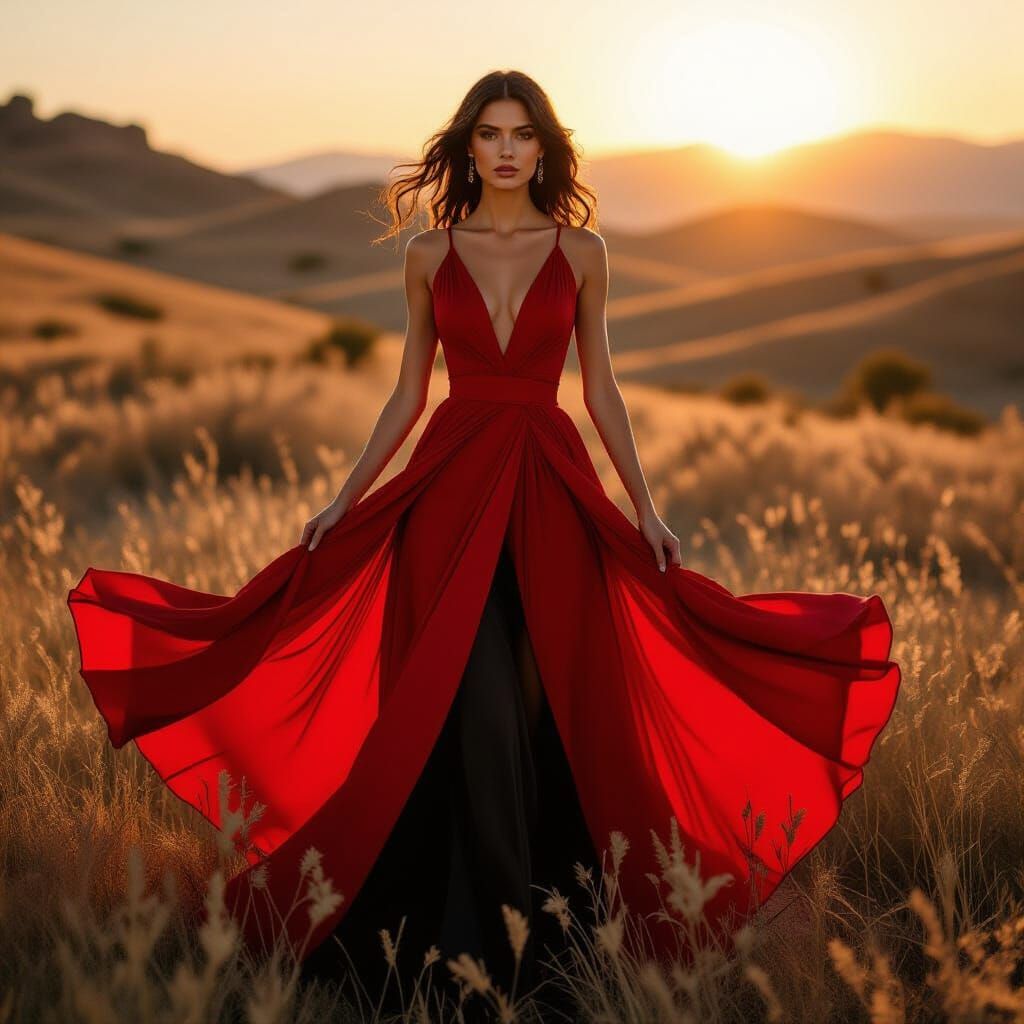 Elegant Woman in Flowing Couture at Golden Hour