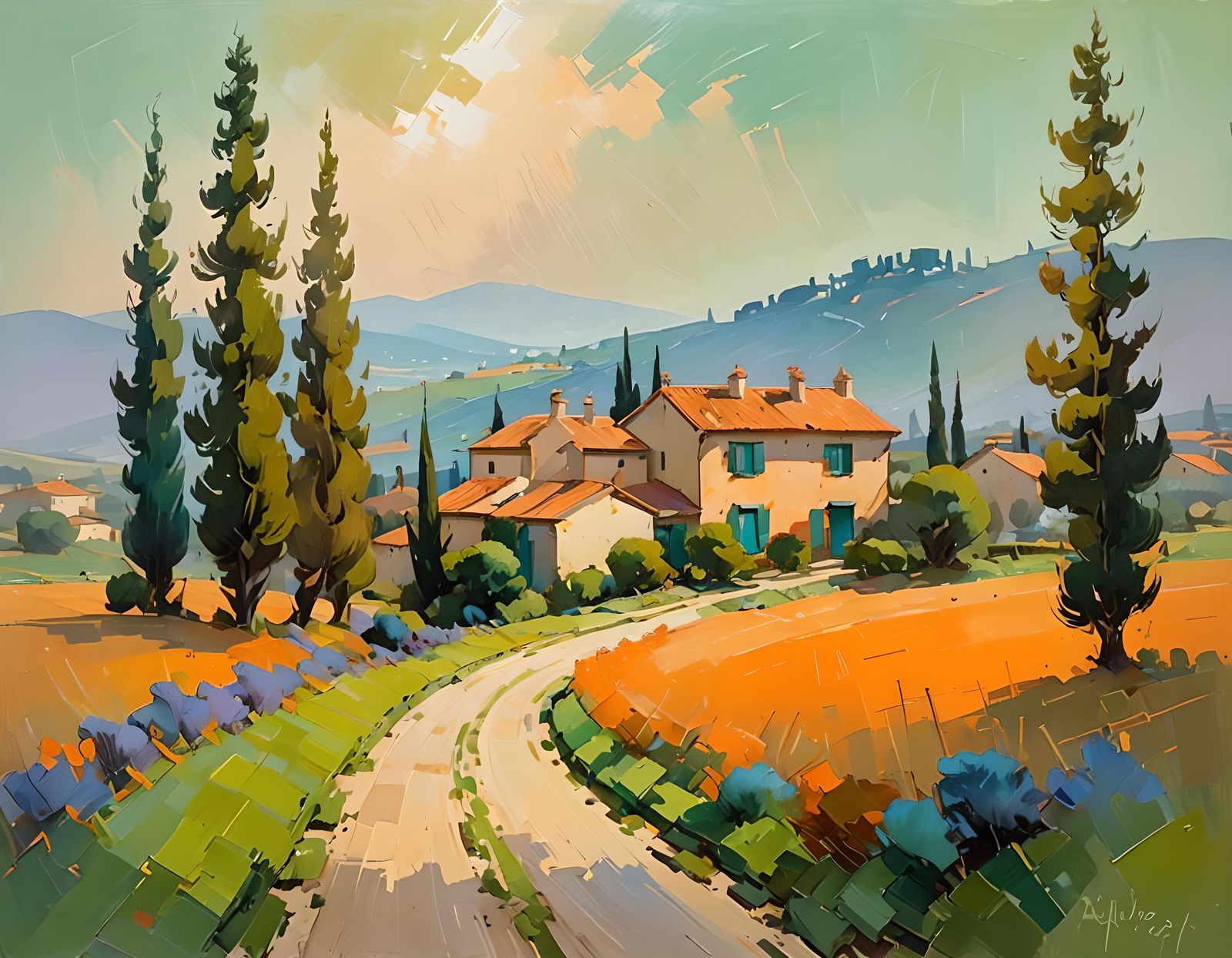 Misty Provence Morning: Abstract Oil Painting