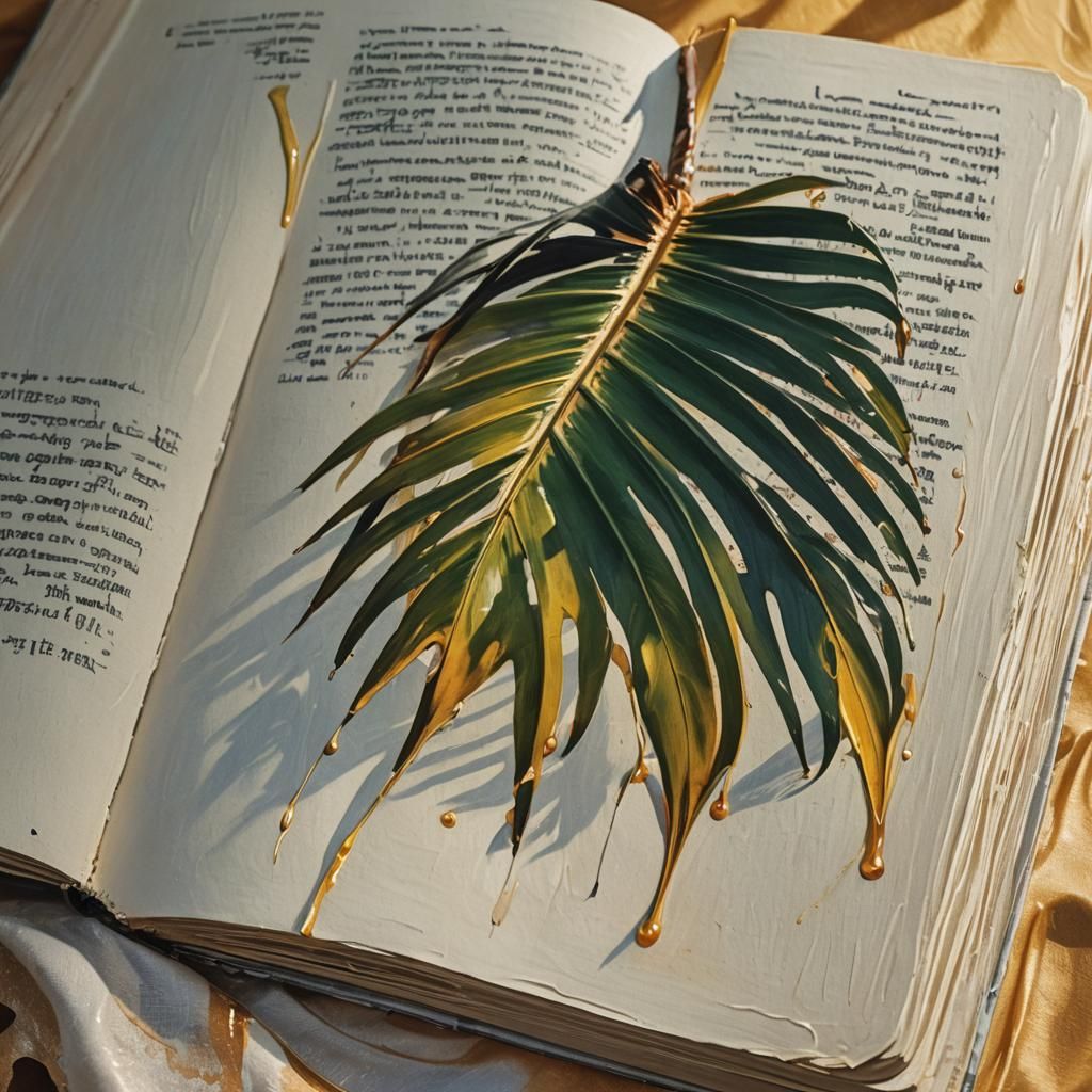 Surreal Palm Frond and Hebrew Text in Oil
