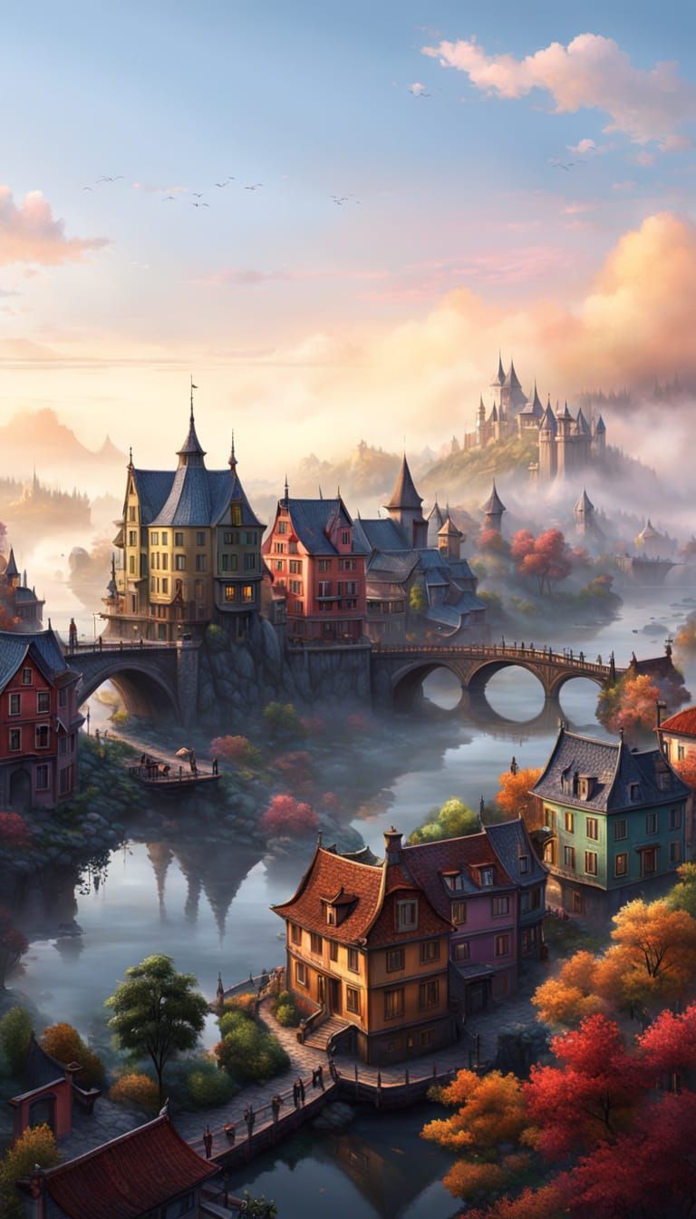 Misty Morning Fantasy Town Concept Art