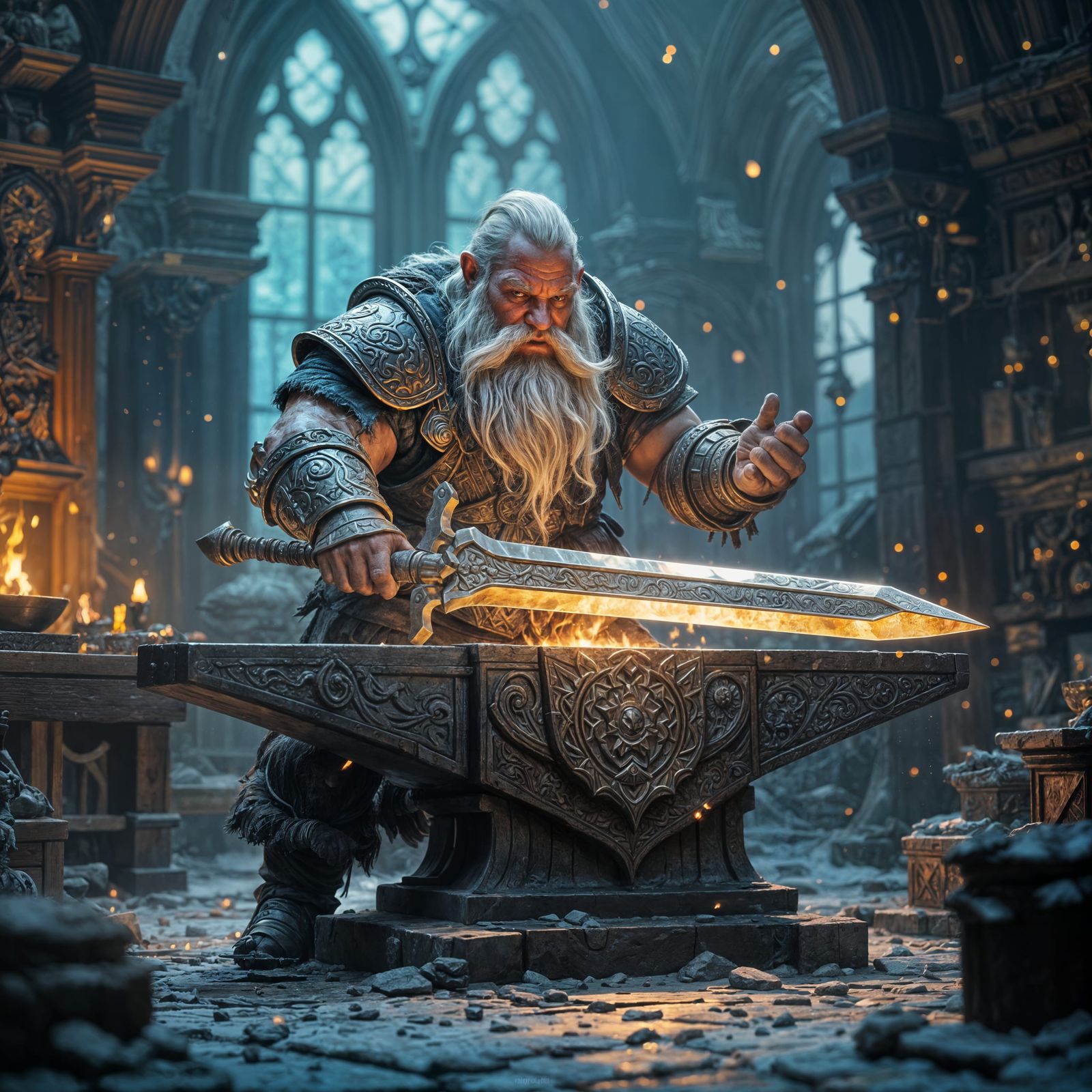 Dwarven Smith Forges Longsword on Ornate Anvil