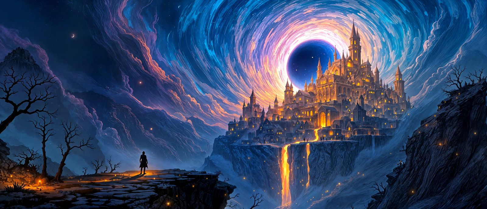 Mystical Metropolis Under Lunar Eclipse in Fantasy Landscape