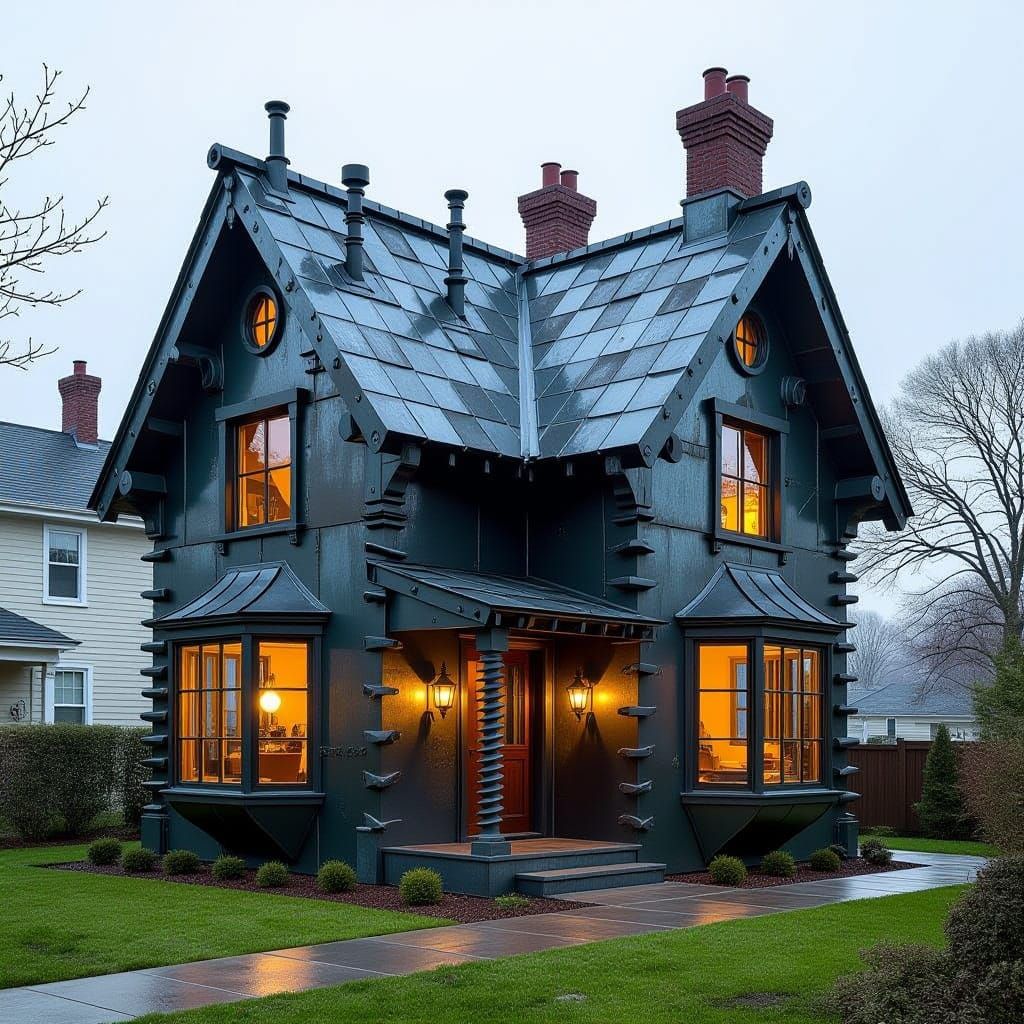 Whimsical House Exterior Made of Giant Screws and Nails