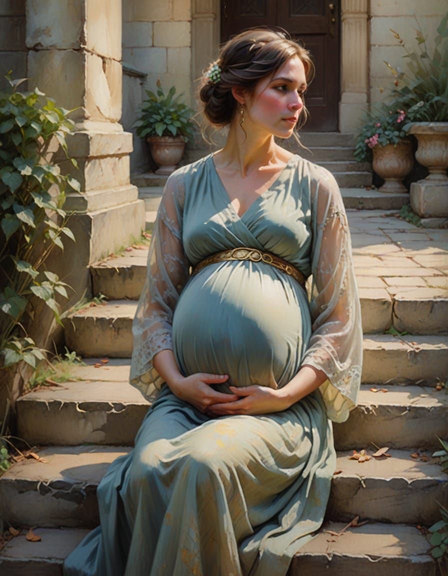 Radiant Pregnant Woman on Stone Steps, Ethereal Oil Painting