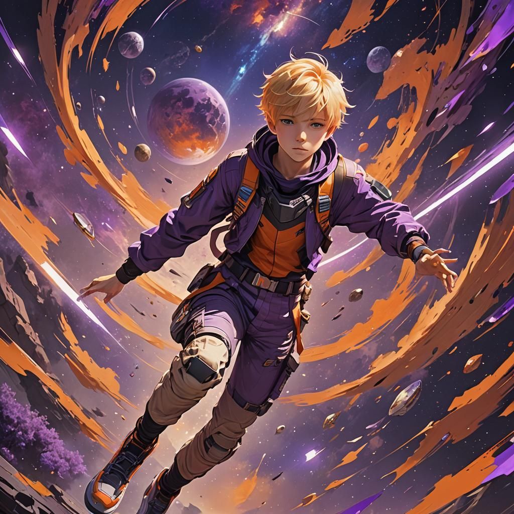 Boy Gliding Through Space: Anime-Inspired 3D Art