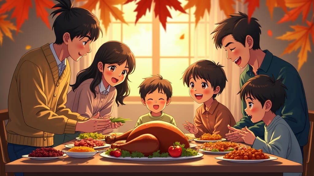 Warm Thanksgiving Family Dinner in Manga Style