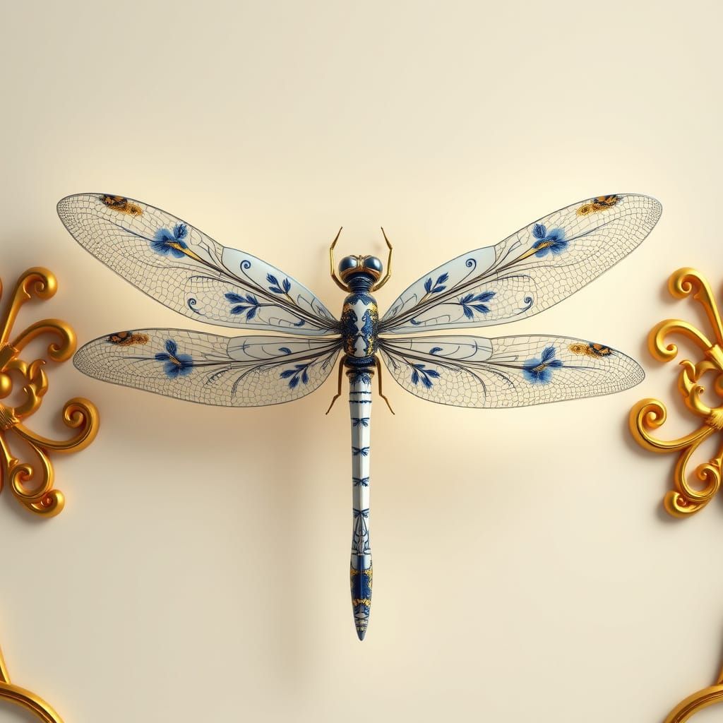 Elegant Dragonfly in Porcelain, with Intricate Floral Patter...