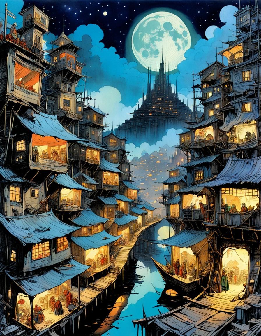 Lunar Shanty City Dreamscape in High Fantasy
