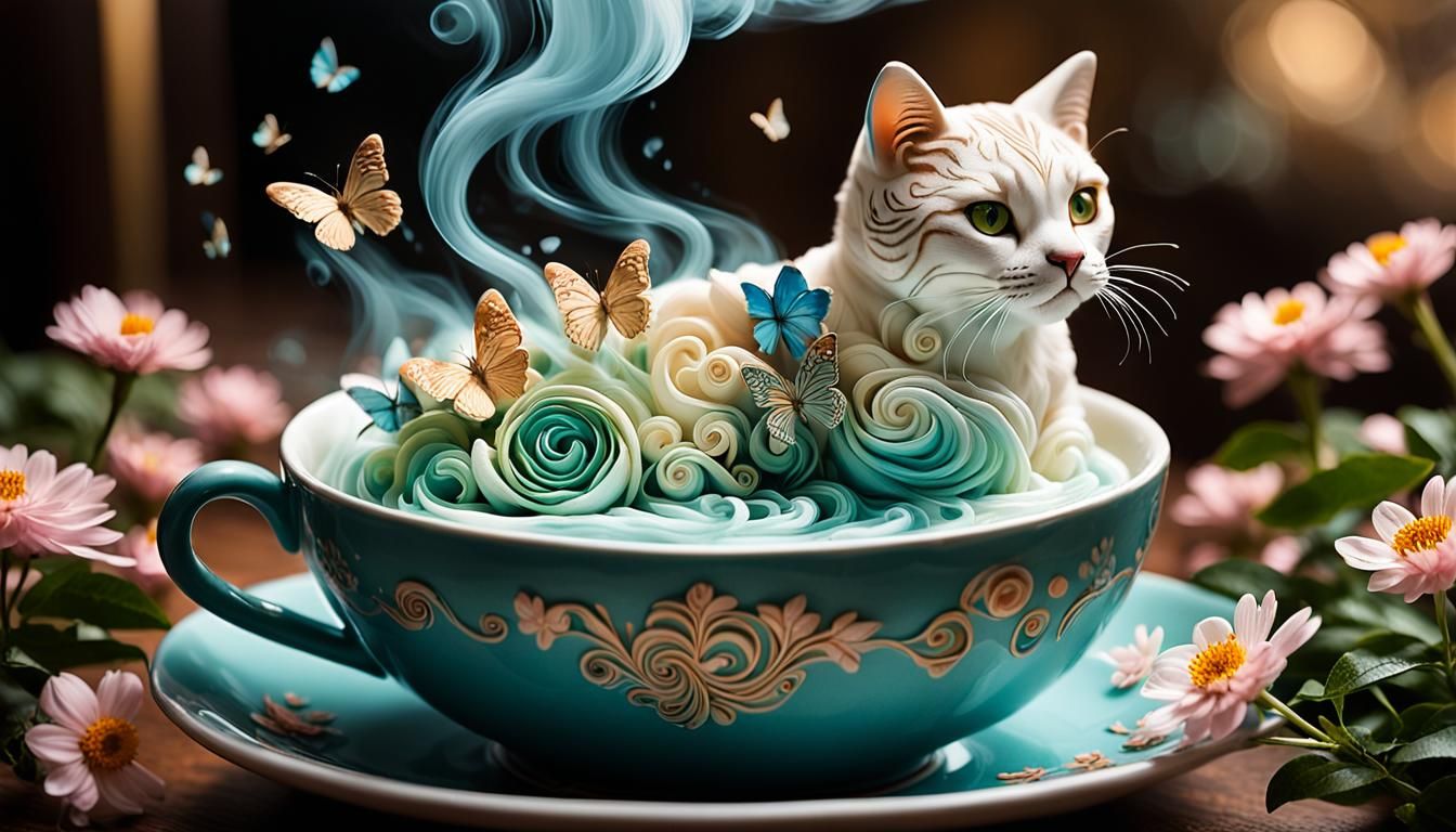 Latte Art Cats in a Fantastical Realm