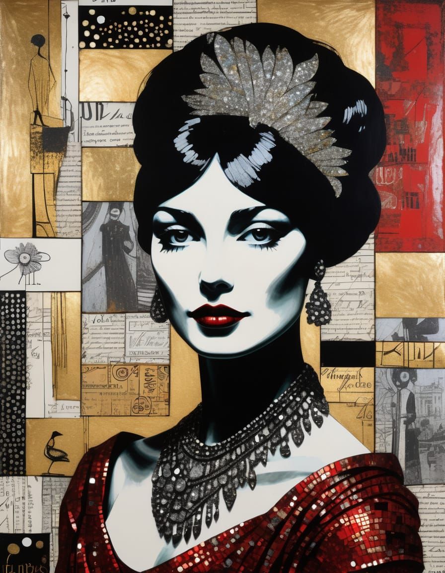 Glamorous Showgirl Collage in Mixed Media Style