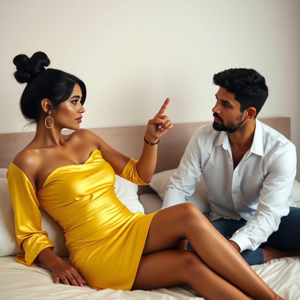Indian Woman in Yellow Silk Outfit on Bed