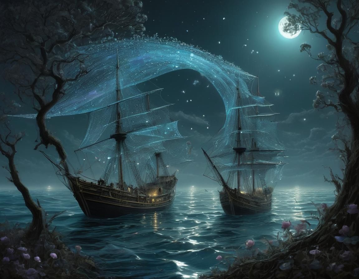Miniature Ships Sailing Bioluminescent Flowers