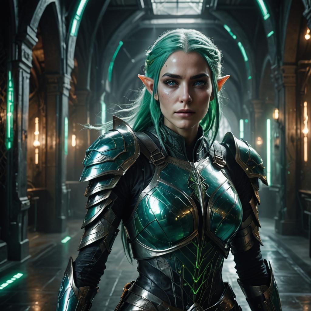 Elven Warrior in Sci-Fi Cityscape, Hyper-Realistic Render