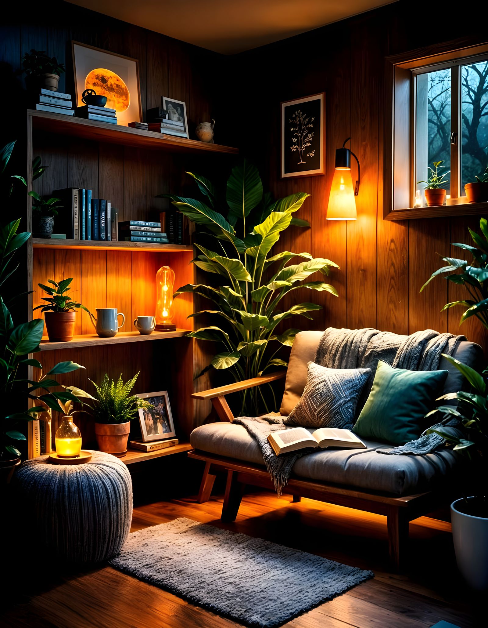 Cozy Reading Nook with Tea and Lava Lamp