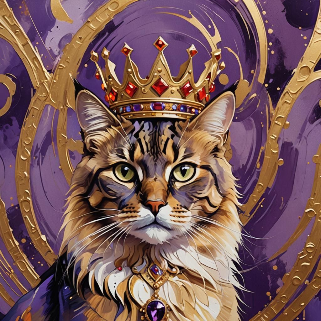 Regal Cat with Crown in Abstract Expressionism