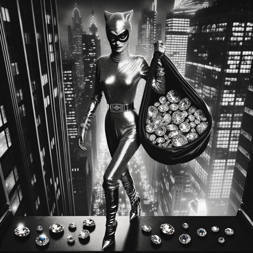 Glamorous Jewel Thief Descends Skyscraper in Black and White...
