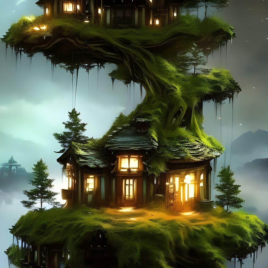 Enchanted Bonsai House Under Starry Sky
