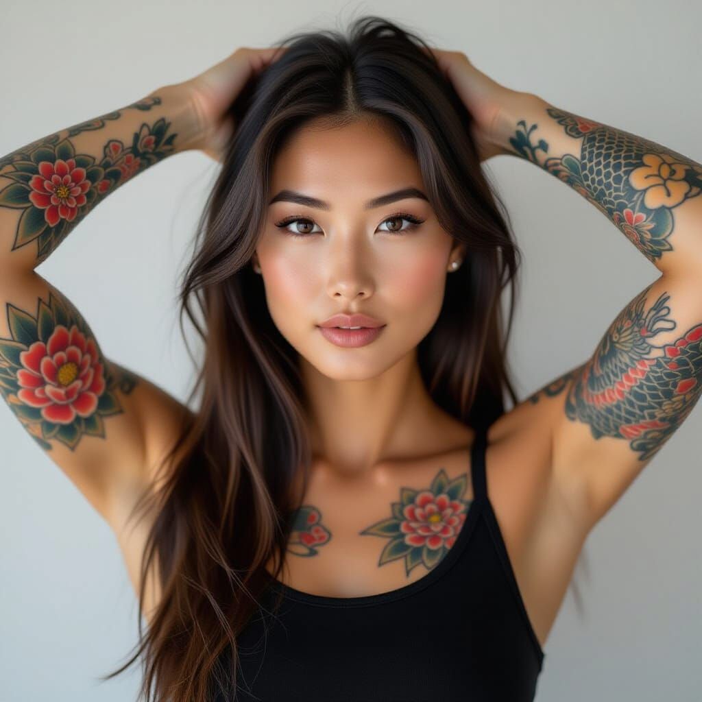Tattooed Asian Woman with Japanese Art Style