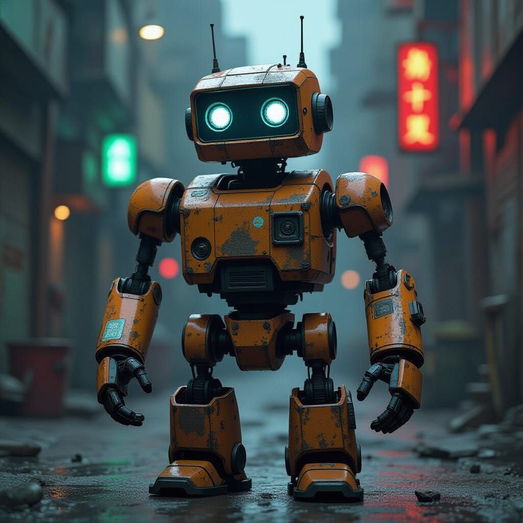 Gritty One-Armed Robot in Dystopian Cityscape